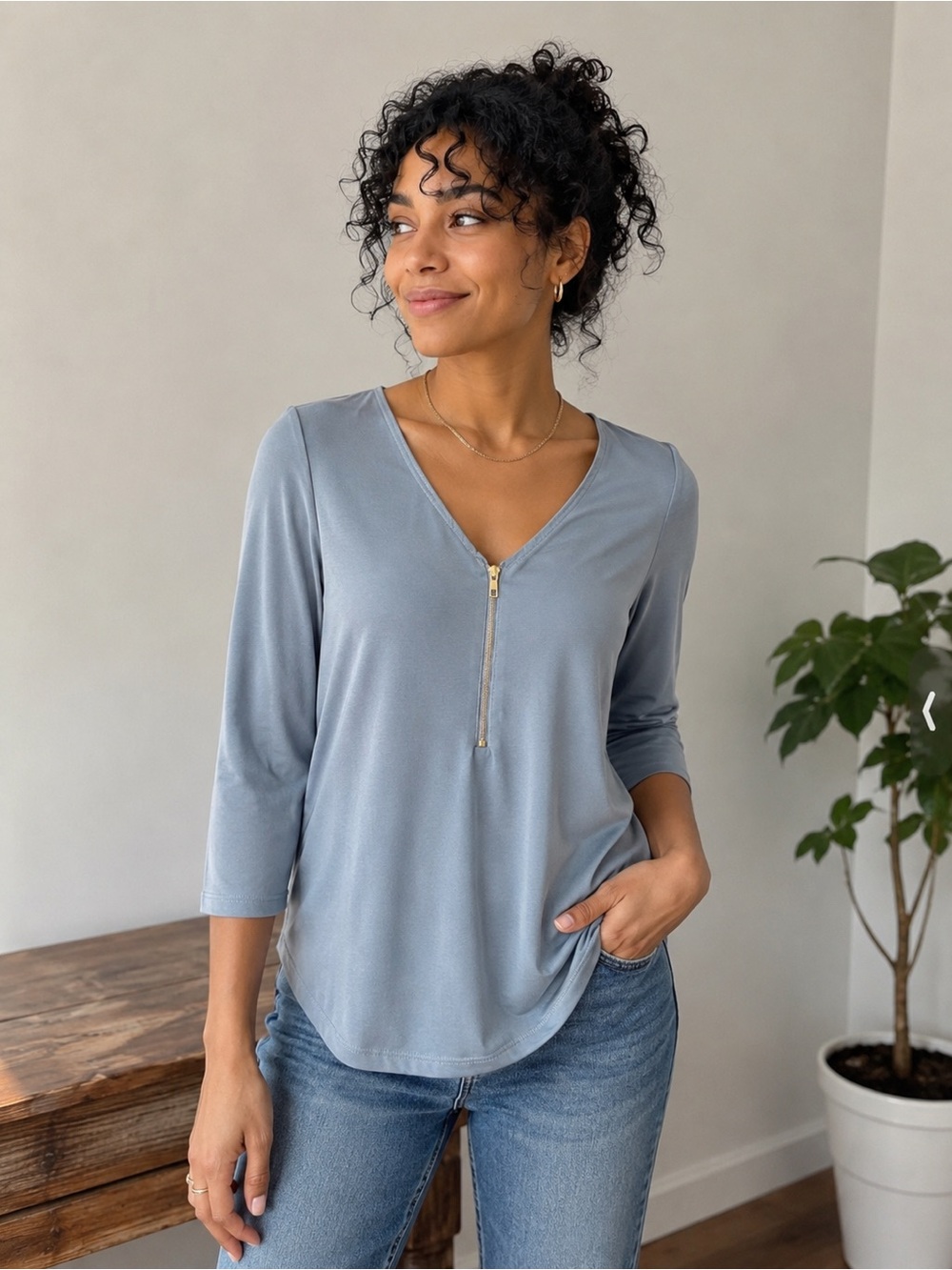 Green Envelope Los Angeles Blue Gray Zip Front Blouse Made in USA Size S
